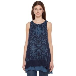 JOHNNY WAS Wynifred Twofer Blue Layered Cotton Tunic Tank, Deep Dawn Size Large